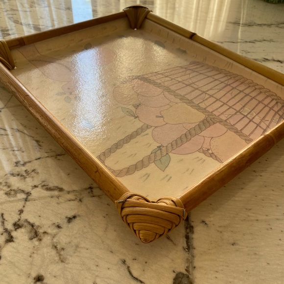 Alpac Vintage 80s Fiberglass Bamboo Tray Pastel Apples Basket Bird Design - Picture 3 of 14